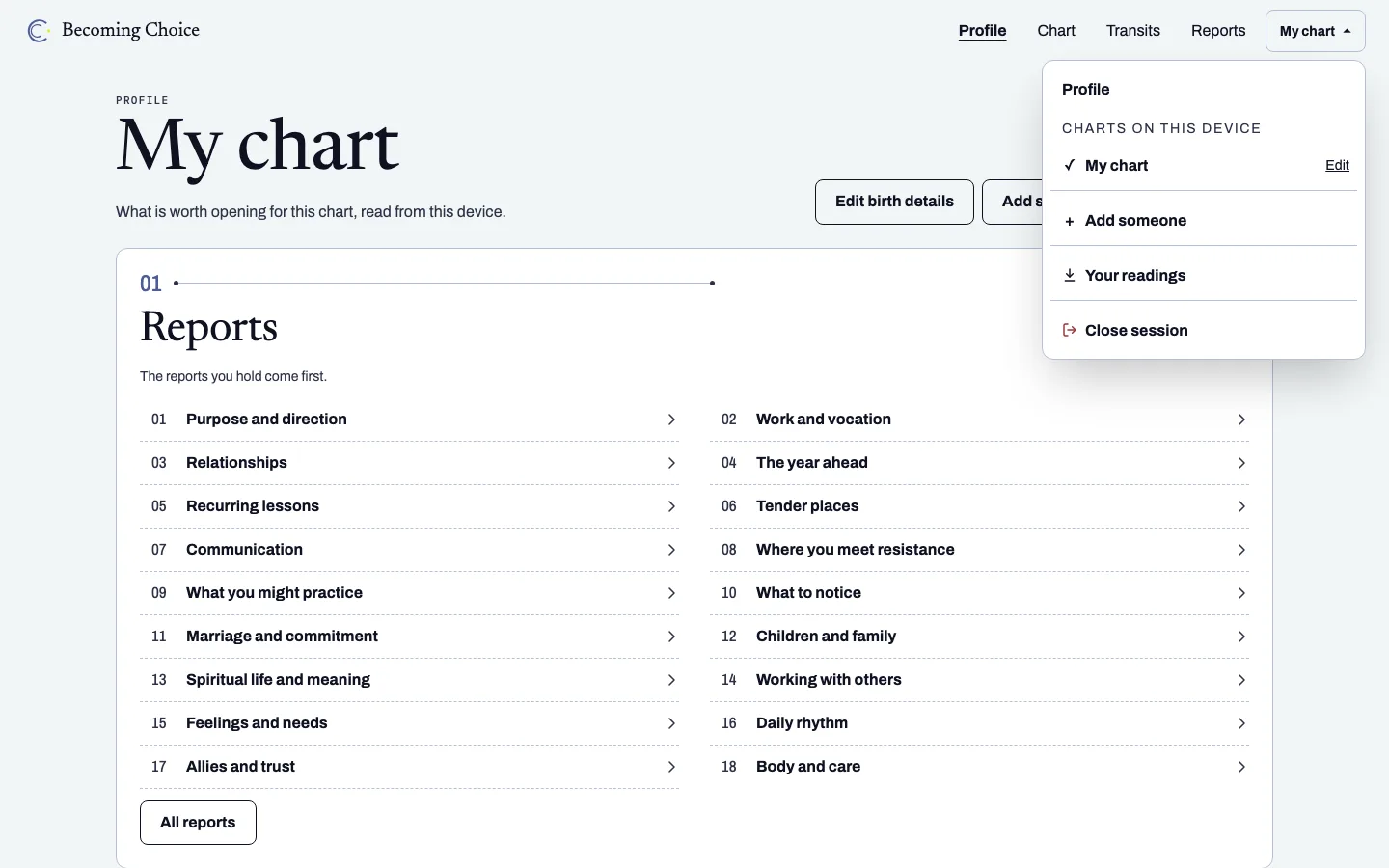 The profile menu open from the header, with My chart, Add someone, Your readings and Close session.